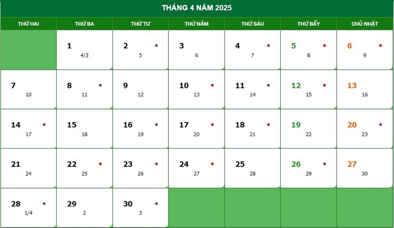 Lịch âm tháng 4 năm 2025 - Lịch âm dương, giờ hoàng đạo chi tiết